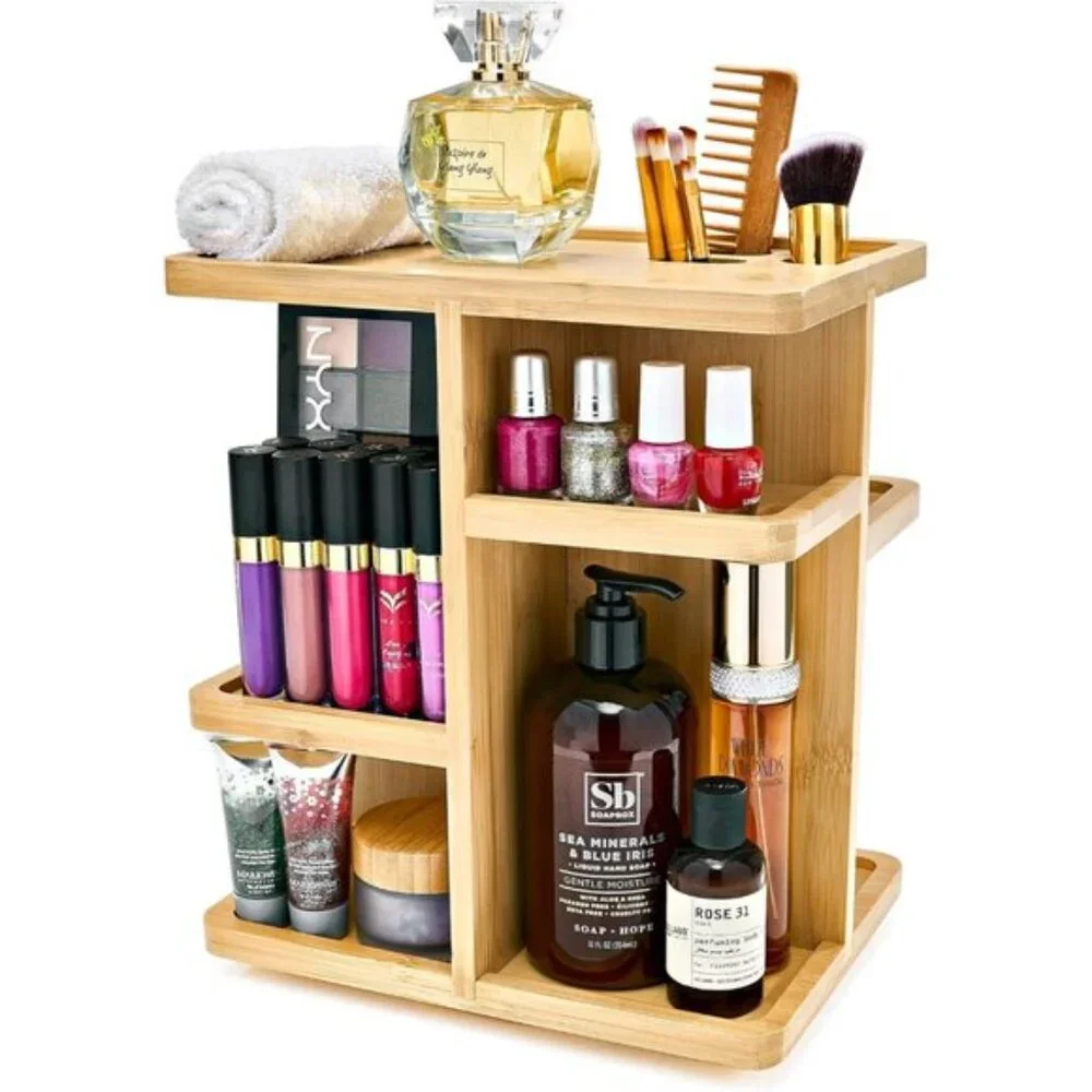 New 360° Bamboo Makeup Organizer, Rotating Cosmetic Storage for Vanity